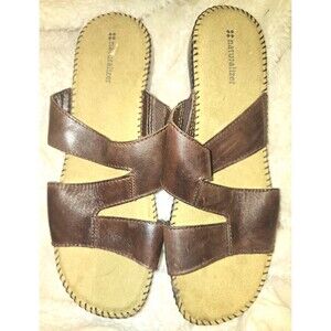 Naturalizer Leather Slide Sandals Brown/Beige Stitched Flat Slip-On US 11